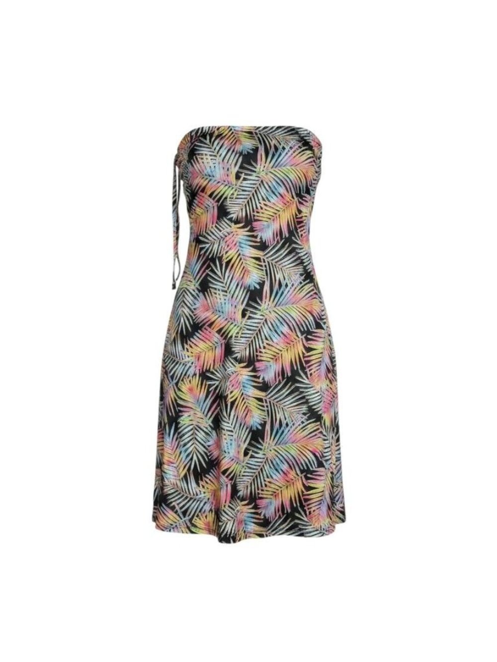 Reel Legends Women's Black Multicolor Tropical Palm Print Strapless Sundress L